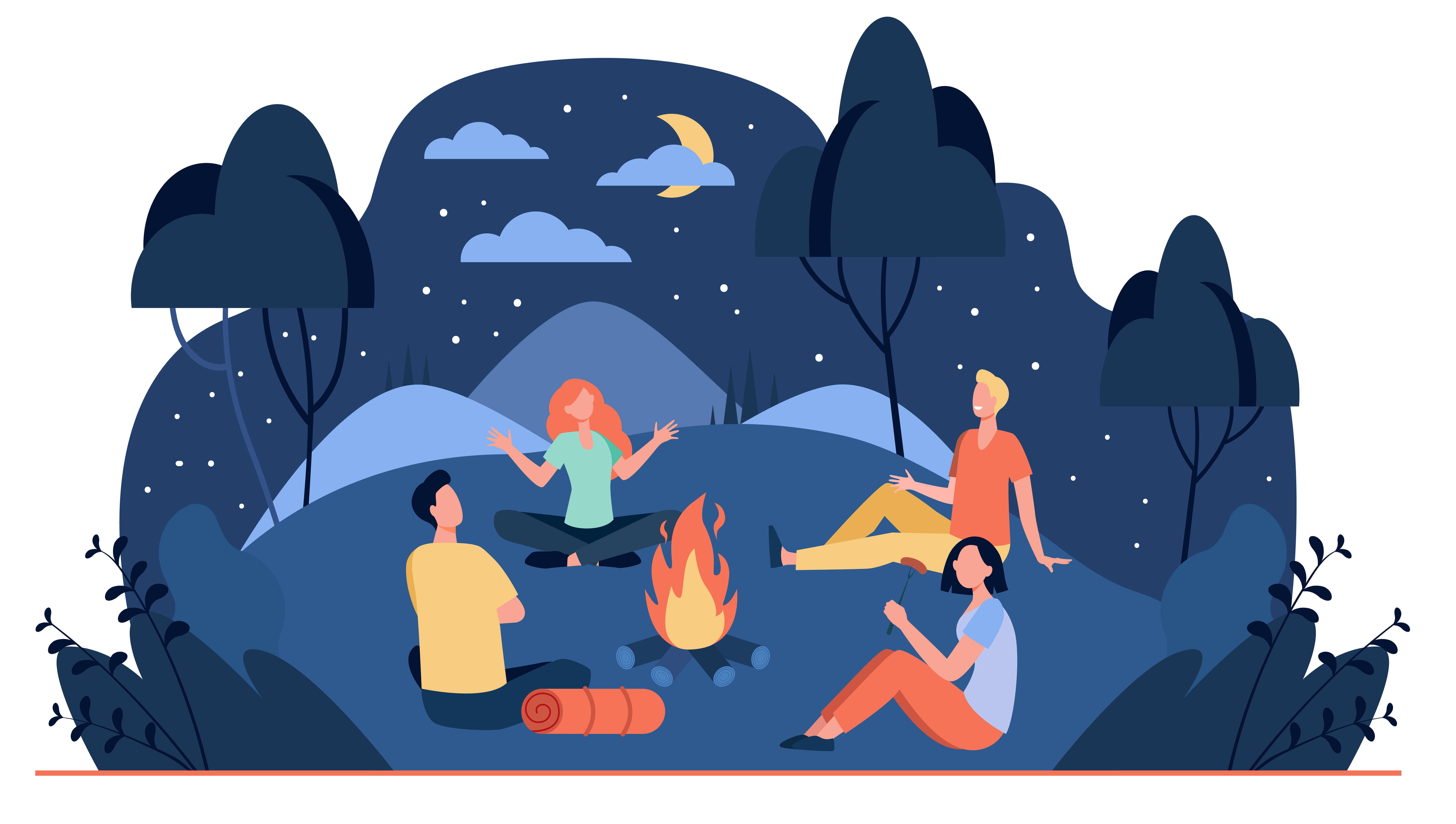 Happy friends sitting near campfire at summer night.jpg